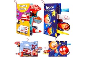 Vicloon Baby Books - 2PCS Touch & Feel Books, 6-12 Months, Transport & Space Theme, Crinkle Cloth & Soft Tummy Time Toys for Newborns