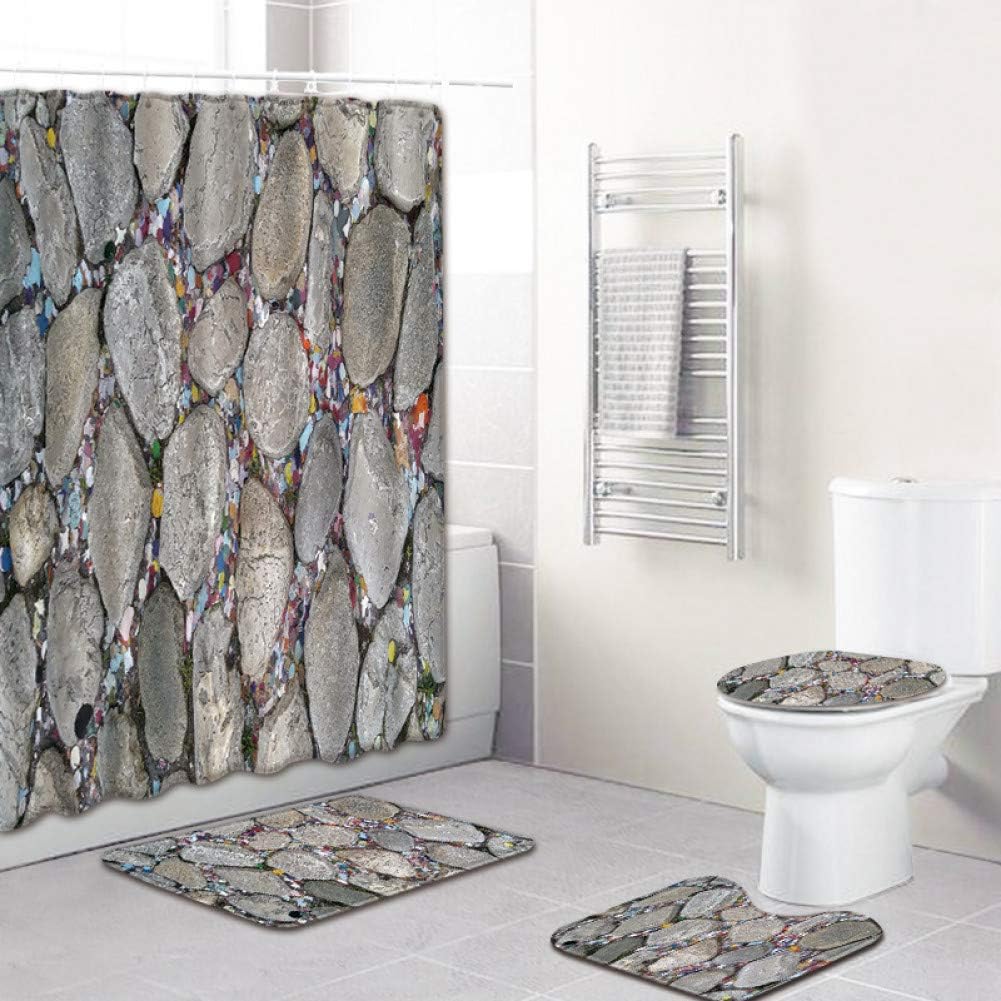 WWZEMLK Three-piece toilet Stone Pattern 4 Piece Shower Curtain for Bathroom Carpet 3D Bath Mat Set Anti Slip Toilet Rug Set Fleece Seat Cvoer Blanket