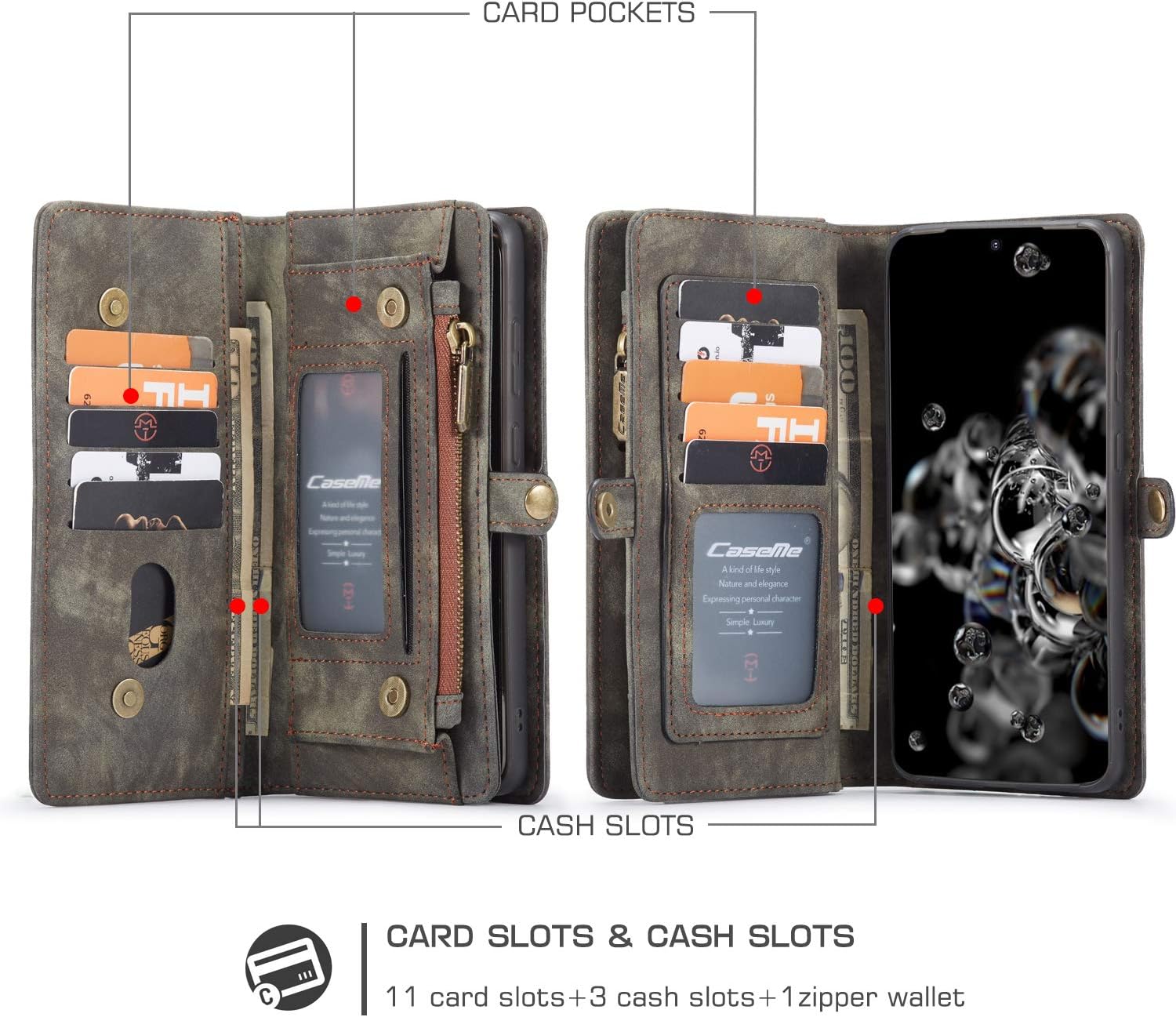 ANROD Detachable Leather Wallet Case for Samsung Galaxy S20 Ultra,CaseMe Magnetic Closure 2-in-1 Flip TPU Shockproof Zipper Purse Back Cover with Card Slots (Black) - Image 4