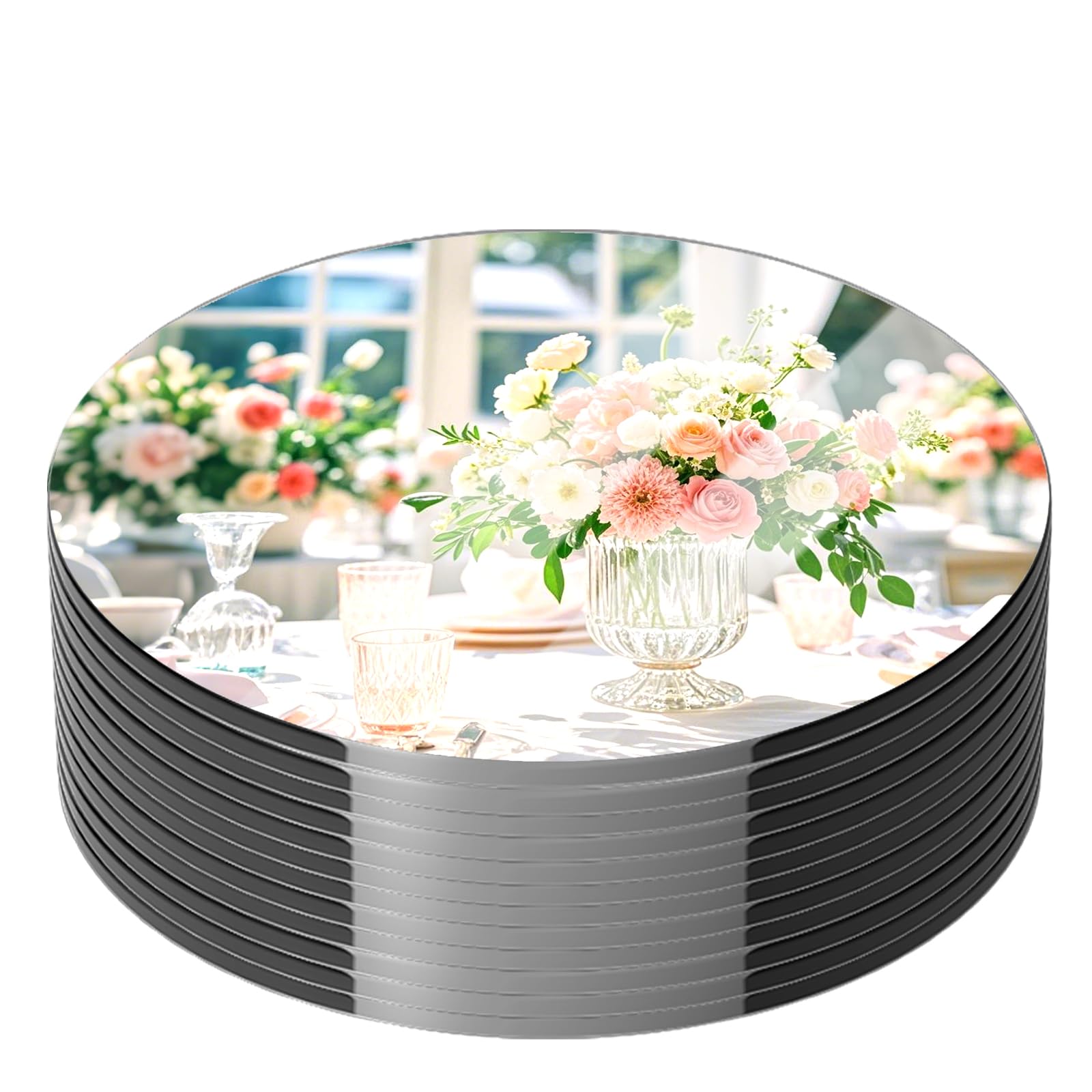 Photo 1 of 10 Pack Round Mirror Centerpieces for Tables Decorations, 10" Acrylic Circle Mirror Centerpieces Mirror Tray Candle Plate Centerpiece for Wedding Table Decorations Wall Decor (Round, 10inch)