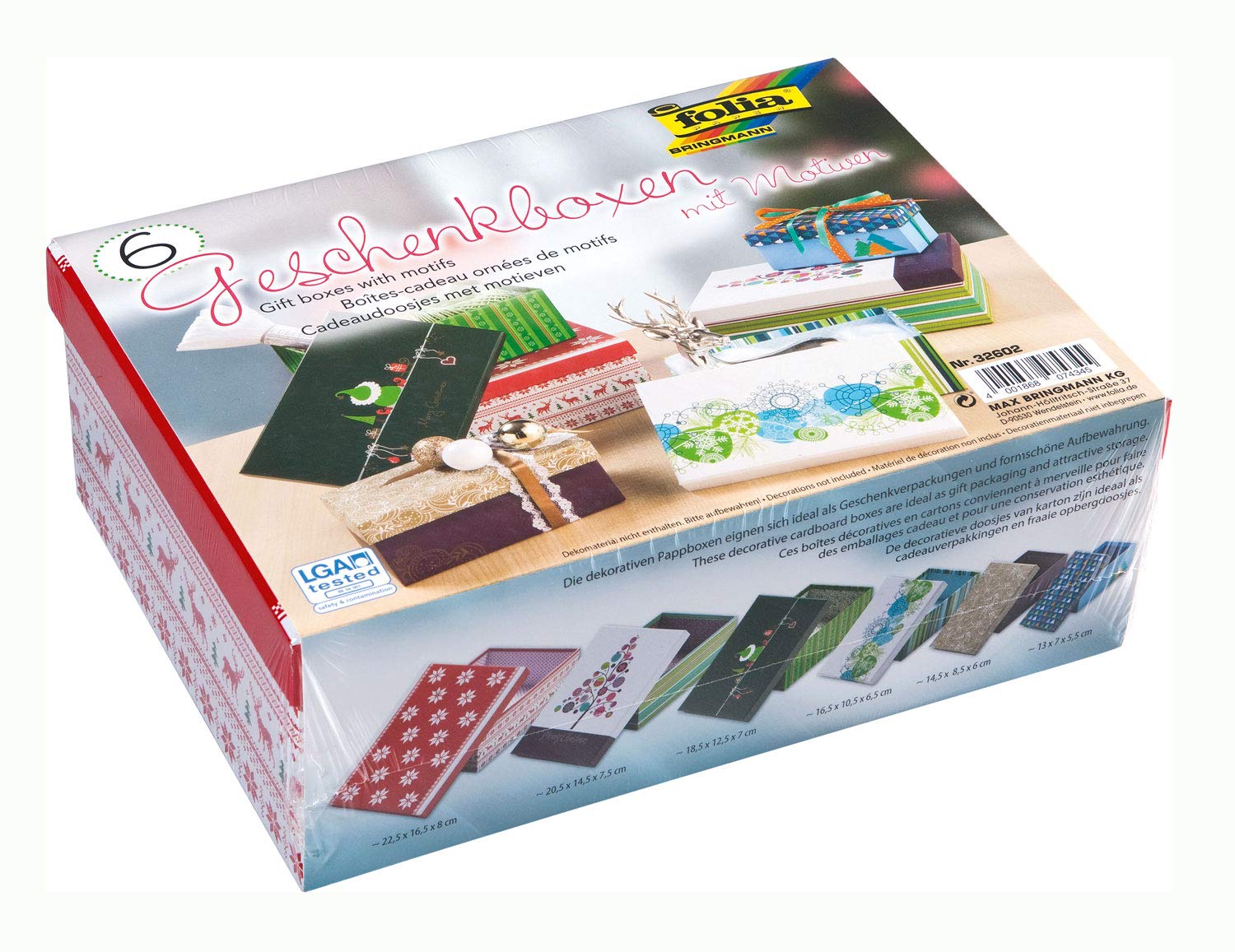folia 32602 Gift Boxes Set of 6 Assorted with Christmas Motifs and in 6 Different Sizes, Ideal for Gift or Storage