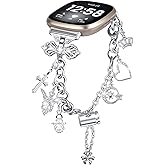 FitTurn Bling Band Compatible with Fitbit Versa 4/Sense 2 Band for Women Stainless Steel Diamond Jewelry Bracelet for Women with Bow Connector Interchangeable Charm for Versa 4/Sense 2 smartwatch