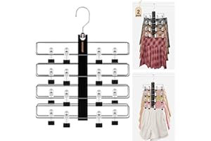 HOUSE DAY Skirt Hangers Space Saving 2 Pack, Double Row 4-Tier Non-Slip Hangers with Clips for Skirts, Shorts, and Pants - Lotus Wood Clip Hanger for Women - Closet Organizers and Storage (Black)
