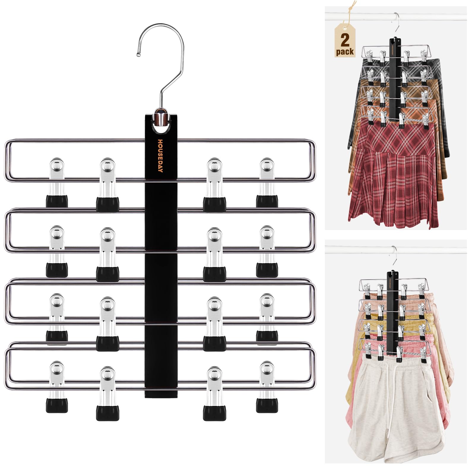 Photo 1 of **MISSING PARTS/check clerk comments**
HOUSE DAY Skirt Hangers Space Saving 2 Pack, Double Row 4-Tier Non-Slip Hangers with Clips for Skirts, Shorts, and Pants - Lotus Wood Clip Hanger for Women - Closet Organizers and Storage (Black)
