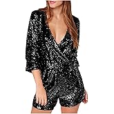 Firzero Women Sequin Romper 1 Piece Shiny Wrap Deep V Neck Shorts Jumpsuit Casual Long Sleeve Dance Outfits