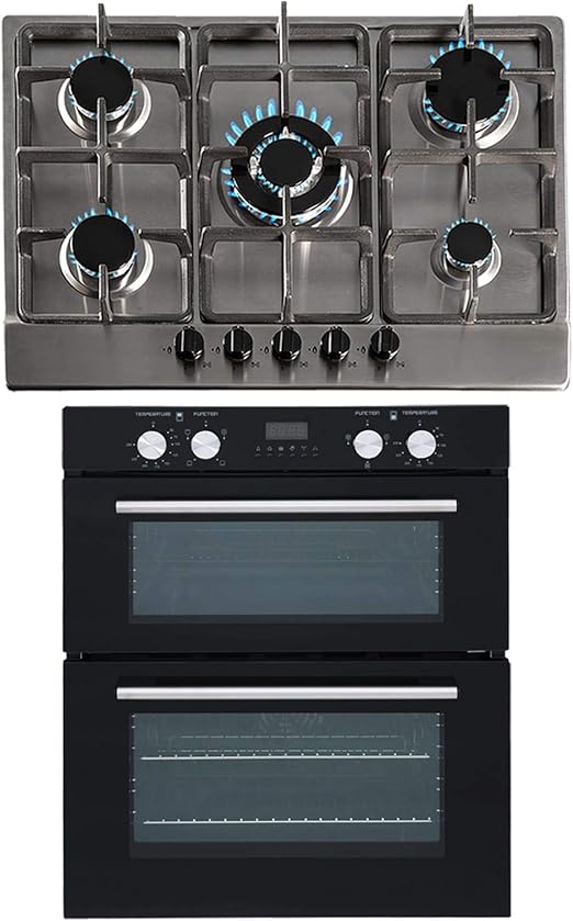 SIA 60cm Black Built Under Double Oven And 70cm 5 Burner Stainless