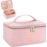 JRQCSJY Gifts Initial Makeup Organizer Bag for Girls, Chenille Letter Personalized Cosmetic Bag with Zipper | Preppy Quilted Portable Makeup Pouch Teen Birthday Gifts (E, Pink)
