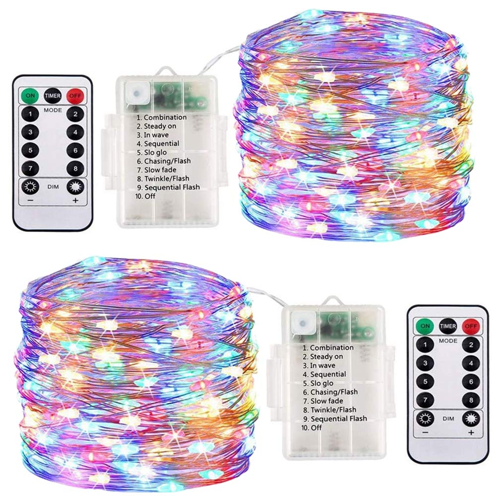 ooklee Fairy Lights Battery Operated, [2 Pack] 10M 100 LED Outdoor Waterproof String Lights, 8 Modes Remote Timmer Rainbow Twinkle Copper Wire Lighting for Home Gazebo Christmas Decor(Multi Colour)