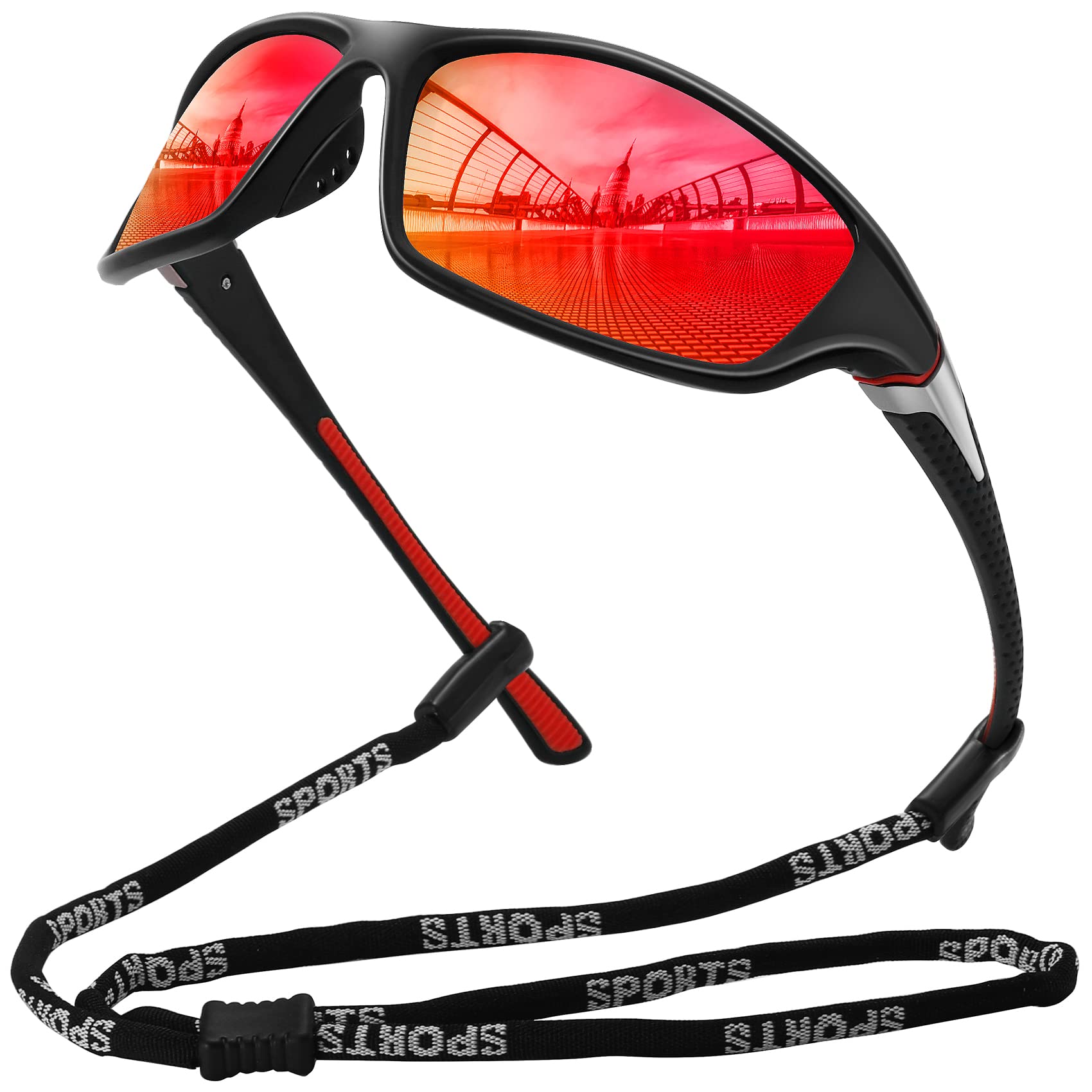 MEETSUN Polarized Sports Sunglasses for Men Women Driving Cycling Fishing Sun Glasses UV400 Protection Black Frame-Red Mirror Lens