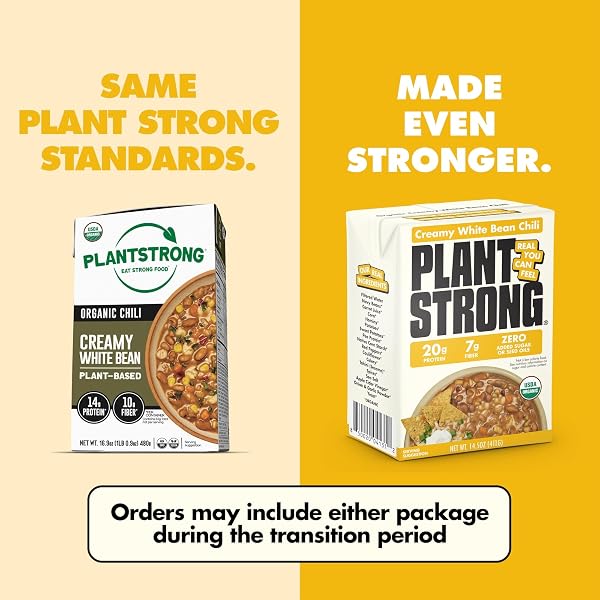 PLANTSTRONG ORGANIC CREAMY WHITE BEAN CHILI, 14.5 OZ – HIGH PROTEIN VEGAN CHILI WITH NAVY BEANS, SWEET POTATOES & CORN, 20G PROTEIN, USDA ORGANIC, NO SEED OILS, READY-TO-EAT PLANT-BASED MEAL