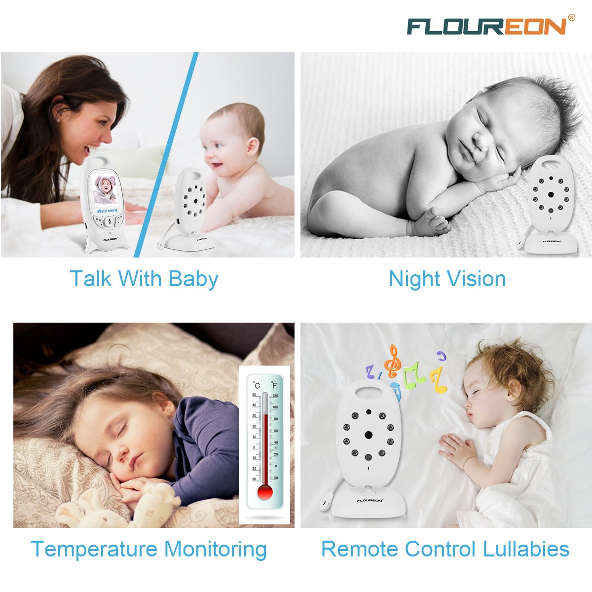 FLOUREON Wireless Baby Monitor Camera Bambini Videosorveglianza Sicurezza, Interfono, Visione Notturna, Monitoraggio Temperatura, LCD Display