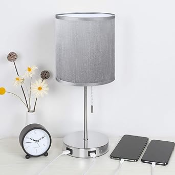 Usb Grey Bedside Table Lamp Seealle Nightstand Desk Lamp With Grey Fabric Lampshade 2 Usb Fast Charging Port Convenient Pull Chain For Bedroom Living Room Amazon Co Uk Lighting