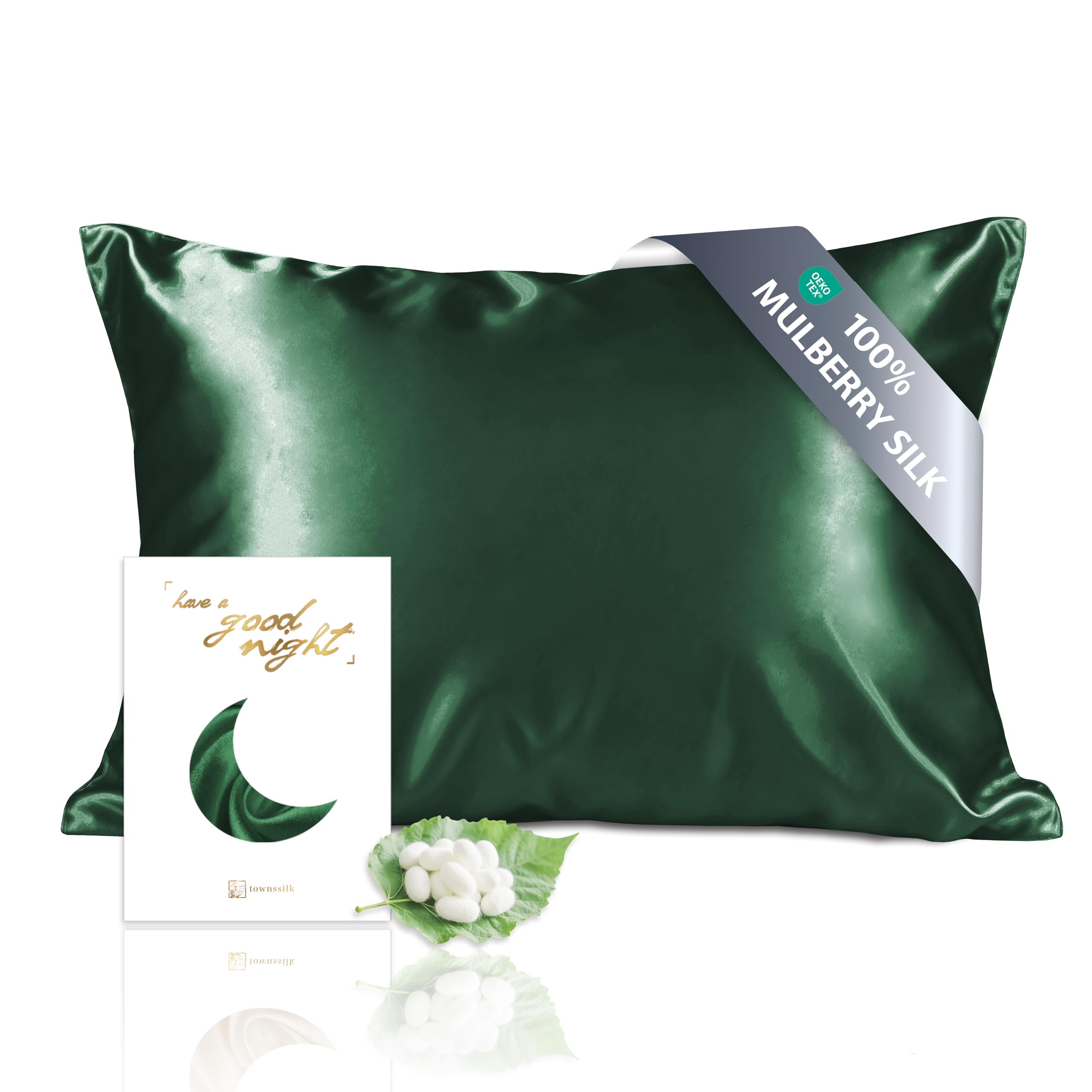 townssilk Both Side 100% 19mm Pure Mulberry Silk Pillowcase for Hair and Skin Health, 50x70cm size Pillow Case Cushion Cover with Hidden Zipper 600 Thread Count Emerald