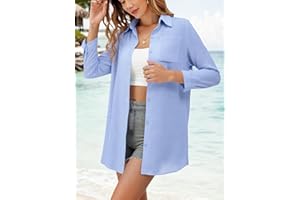 2025 Fall Women's Button Down Shirt Casual Beach V Neck Shirt Long Sleeve Tie Knot Tops Sun Protection Coat, Blue L
