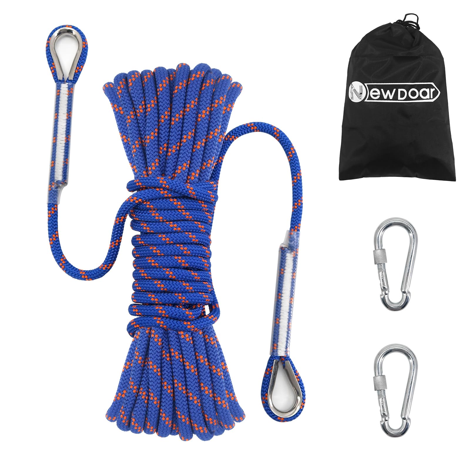 NewDoar 14KN Static Climbing Rope 8mm(5/16in) Accessory Cord Equipment 33FT(10M) 66FT(20M) 98FT(30M) 165FT(50M) Escape Rope with 2 Carabiners for Ice Climbing Equipment Fire Rescue Rope-Blue/50M Image