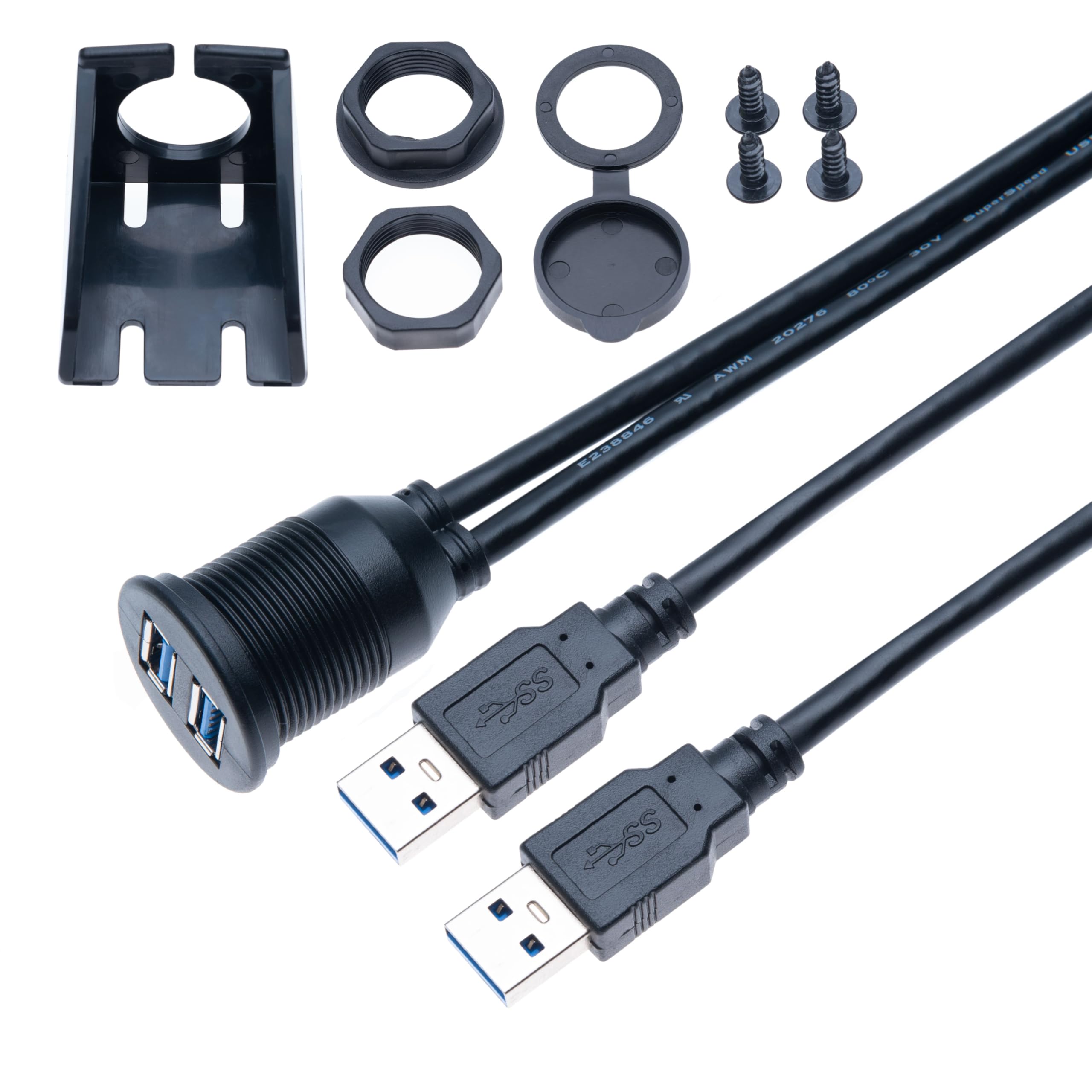 Keple Dual Port USB 3.0 1M Male to Female 2 Ports Car Round Flush Dash Panel Mount Cable Extension for Car, Vehicle, Boat, Truck, Bike, Motorcycle, Yacht Dashboard Panels (1 Meter)