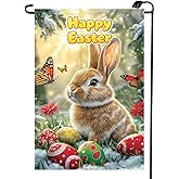 Happy Easter Garden Flags for Outside 12x18 Double Sided, Small Burlap Floral Butterfly Eggs Bunny Garden Flags Easter Holiday Outdoor Yard Decorations