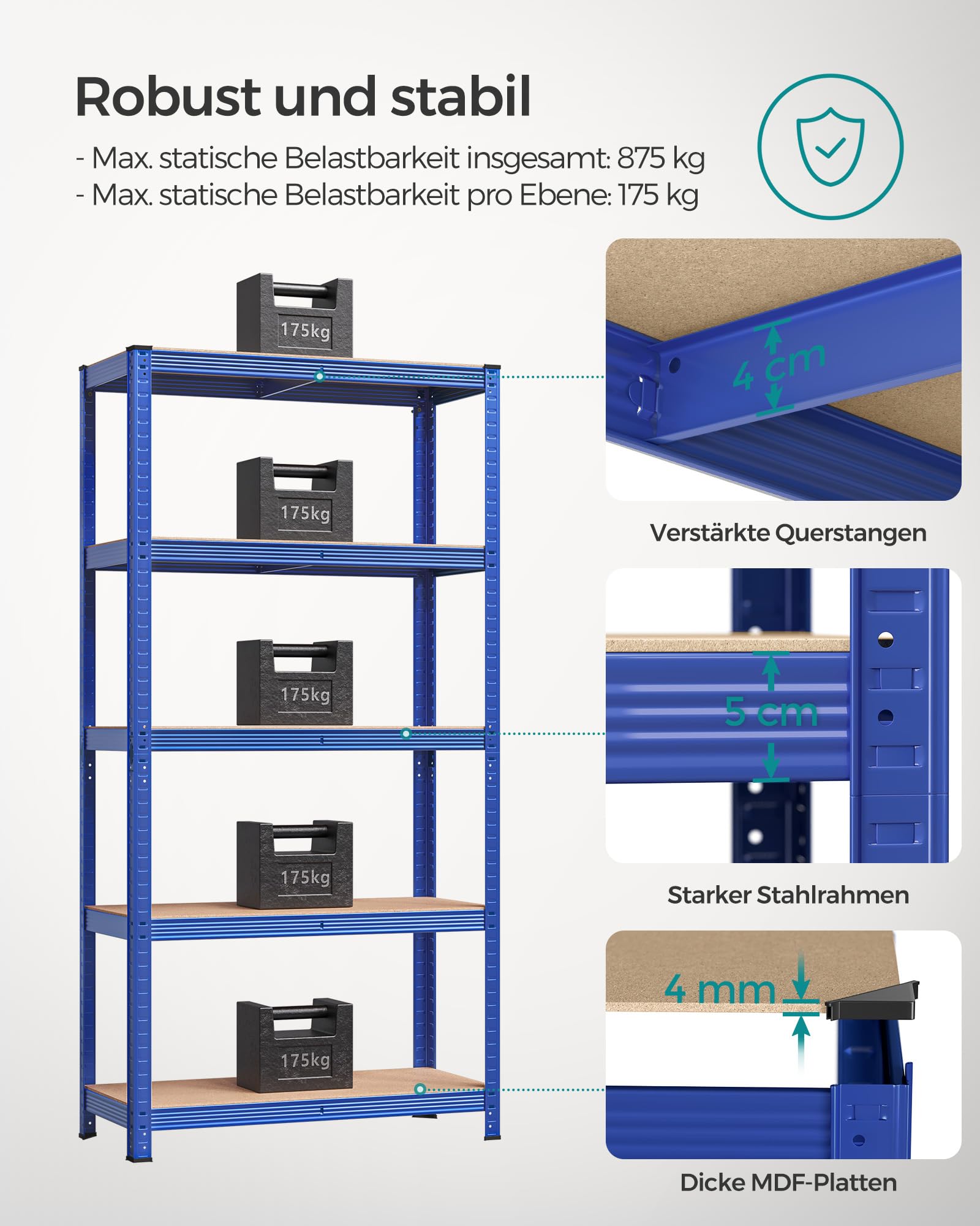 SONGMICS Schwerlastregal, 2er Set, Kellerregal, Lagerregal, 40 x 90 x 180 cm, Regal mit Stahlgestell, jeweils bis 875 kg belastbar, 5 verstellbare Ablagen, blau GLR040Q02 3
