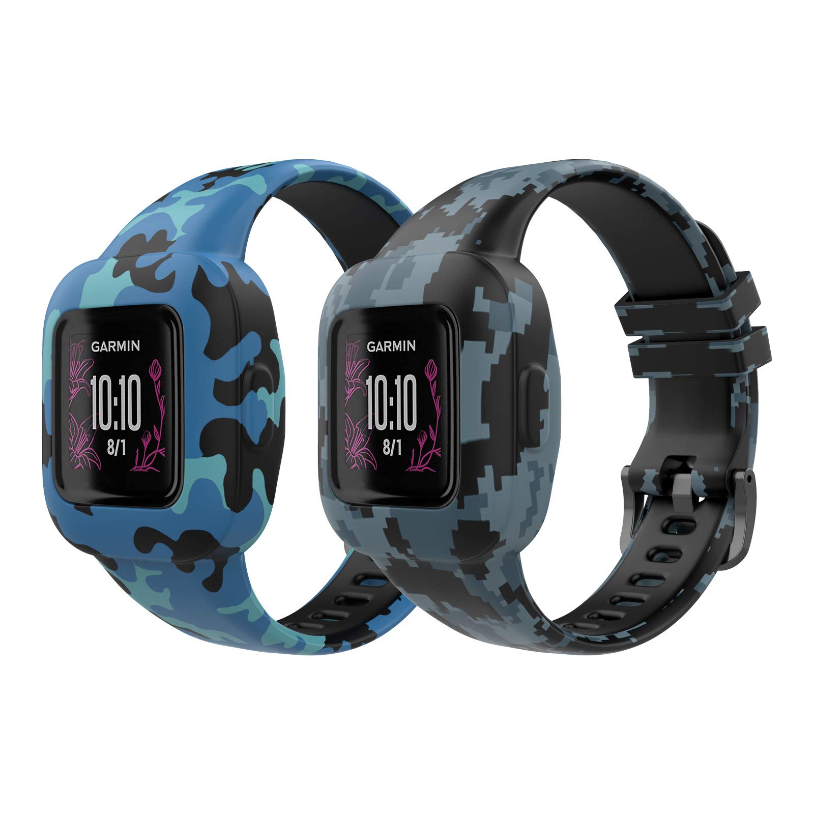 MoKo 2-Pack Strap Compatible with Garmin Vivofit jr. 3 Fitness Tracker for Kids, Soft Silicone Adjustable Replacement Band Wristband Bracelet, Camouflage Blue & Mosaic