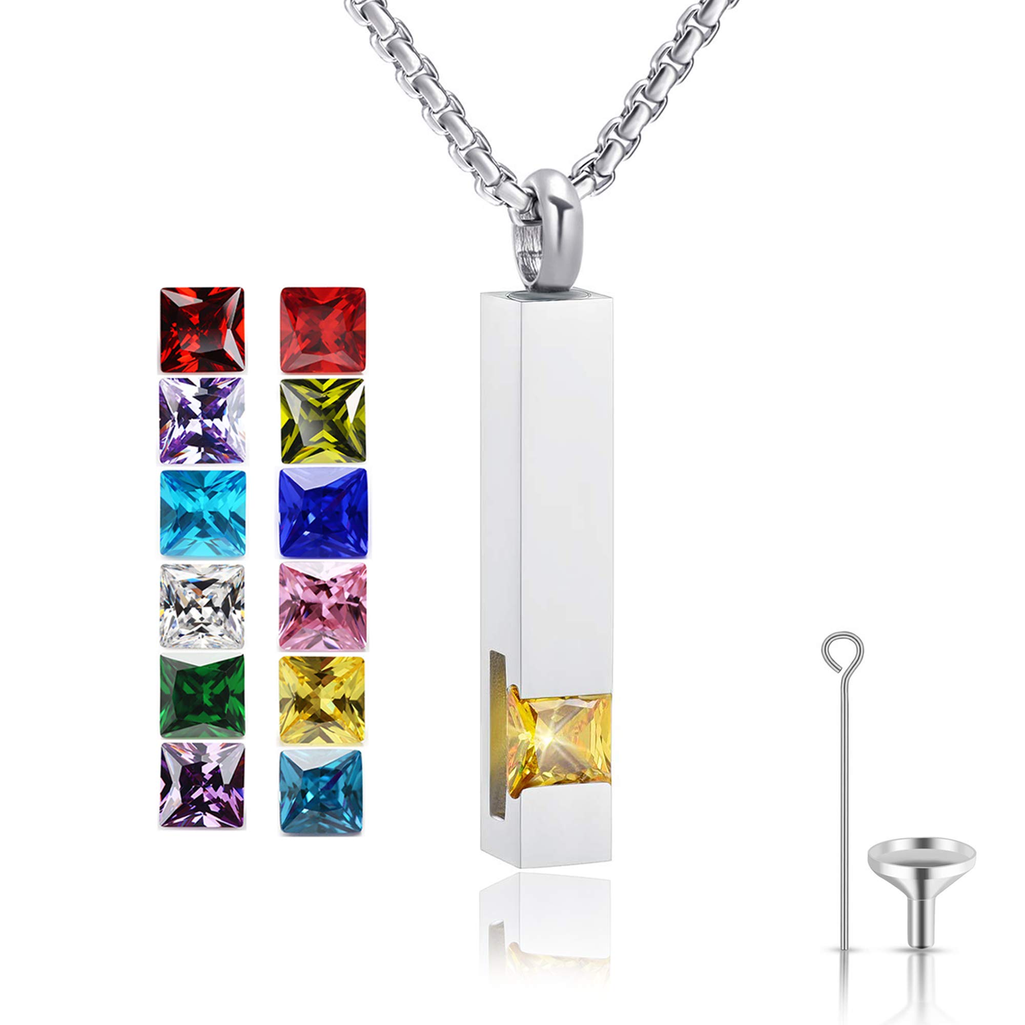 Urn Necklace for Ashes Birthstone Cuboid Cremation Jewelry Keepsake Holder Memorial Locket Necklace Pendant