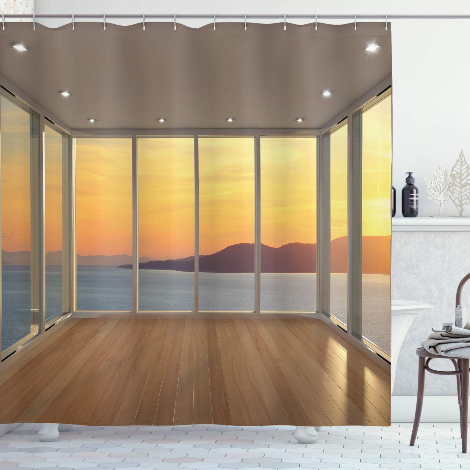 ABAKUHAUS Landscape Shower Curtain, Modern Design Empty House with Mountain Ocean Scenery, Cloth Fabric Bathroom Decor Set with Hooks, 70 Inches, Pale Brown Marigold