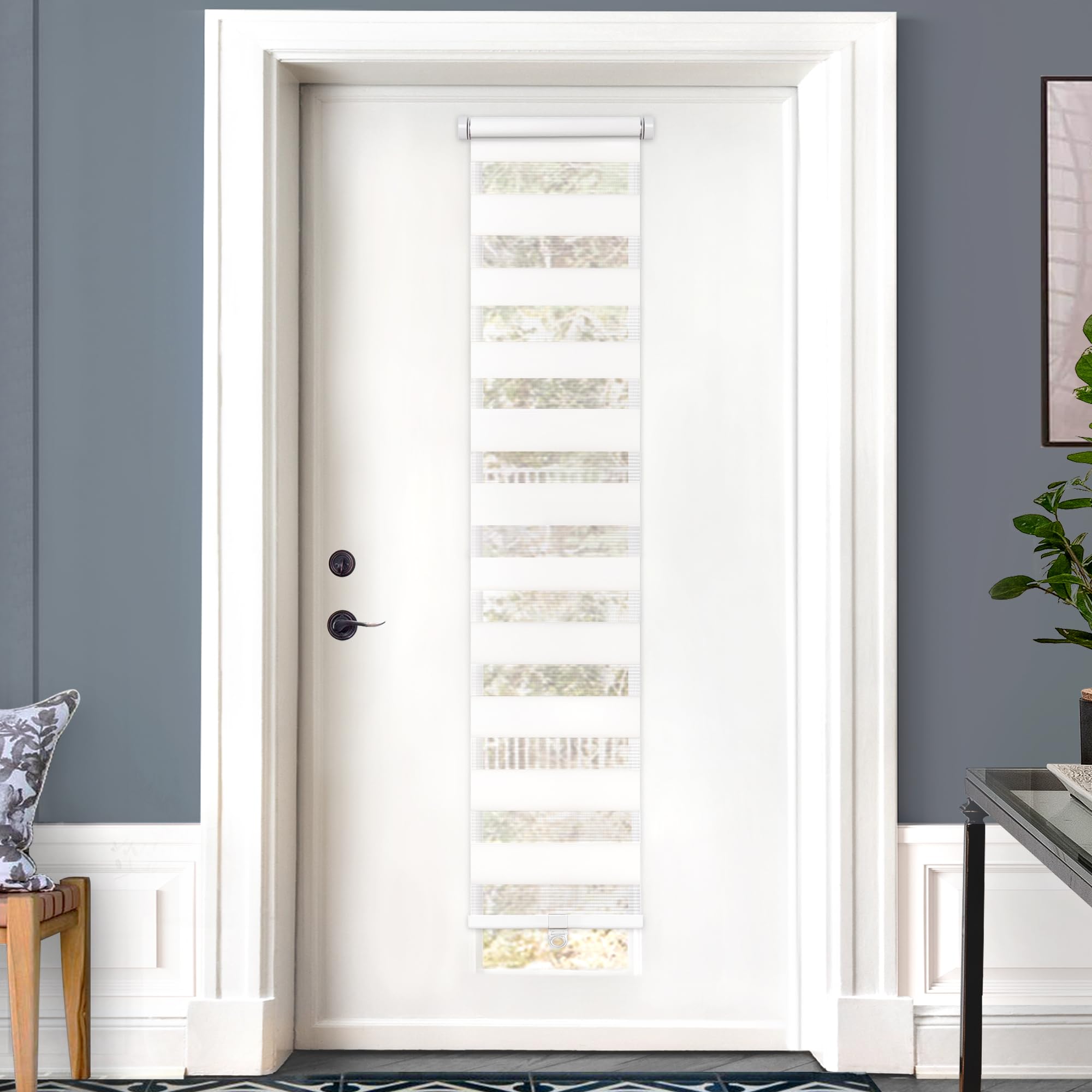 Photo 1 of LazBlinds Cordless French Door Blinds, No Drill Roll Up Zebra Blinds for Doors, Light Control Day and Night Sheer Shades for Front Door Patio Sidelight Glass Door, 14'' W x 70'' L, White