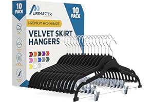 Lifemaster Velvet Skirt Hangers – with Adjustable Clips, 360 Degree Swivel Hook, and Non-Slip Shoulder Notch, Holds Up to 10 lbs, for Organizing Skirt, Pants, Dress, and Clothes, Pack of 10, Black