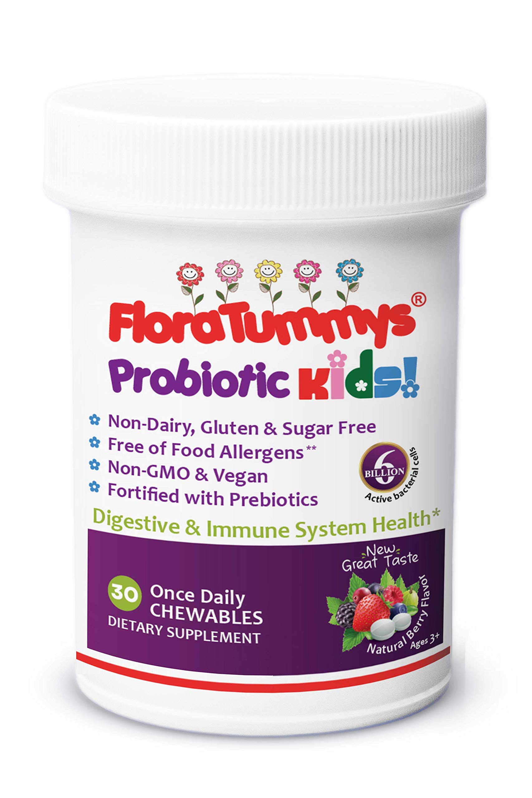 FloraTummys Kids Chewable Probiotic and Prebiotic: Non-Dairy, Gluten Free, Sugar Free, Free of Food Allergens, Non GMO, Kosher Certified