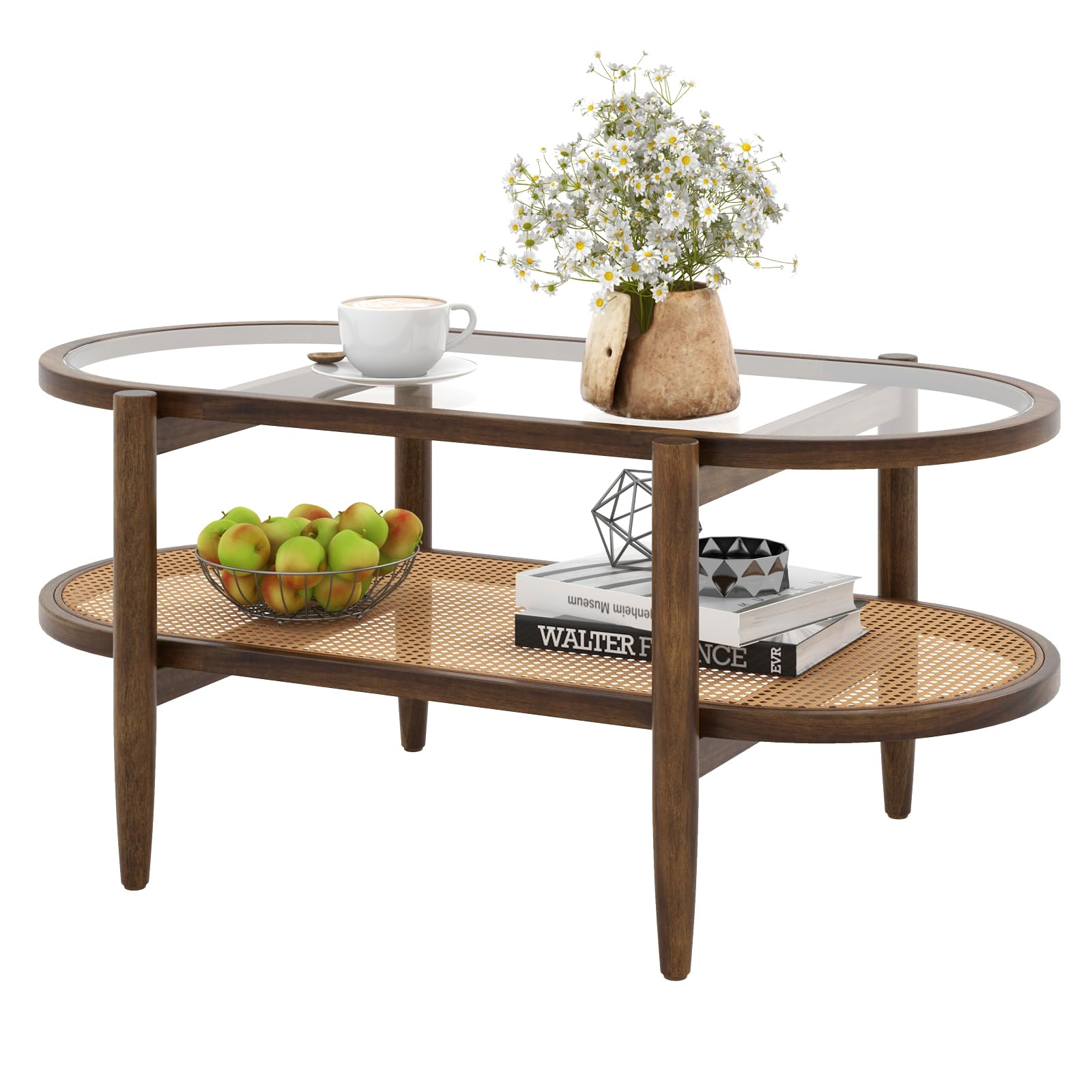 COSTWAY Couchtisch, Beistelltisch mit Glas Tischplatte & Rattan Ablage, Wohnzimmertisch mit Holzbeinen & Holzrahmen, Kaffeetisch für Wohnzimmer, Büro, 102 x 56 x 47 cm (Braun)