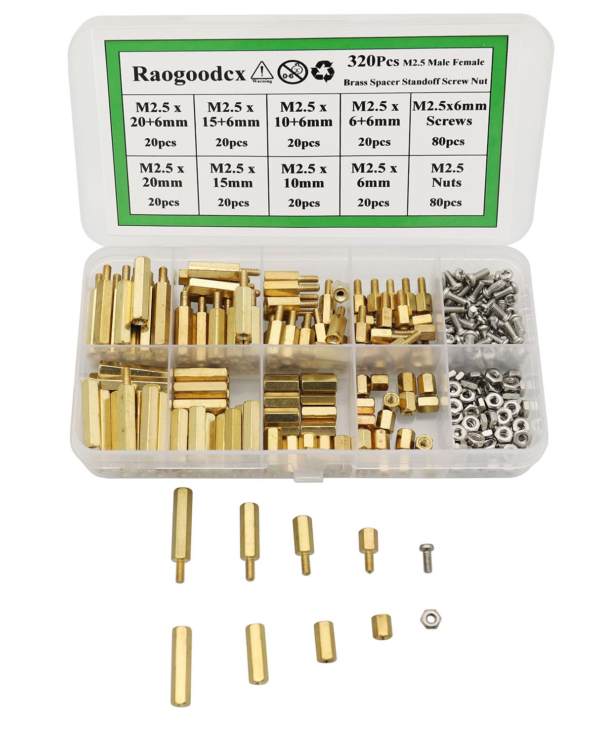 Raogoodcx 320Pcs M2.5 Male Female Brass Spacer Standoff Screw 6mm 10mm 15mm 20mm Nut Assortment Kit