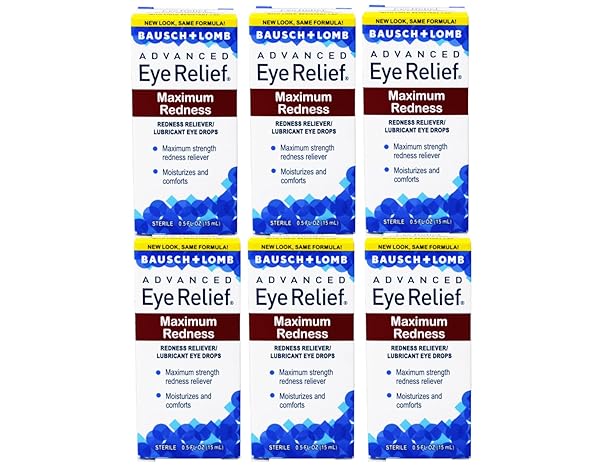 BAUSCH + LOMB ADVANCED EYE RELIEF, MAXIMUM REDNESS RELIEVER AND LUBRICANT EYE DROPS, SOOTHES BURNING & IRRITATED DRY EYES, MOISTURIZES & COMFORTS, 0.5 FL OZ (PACK OF 6)