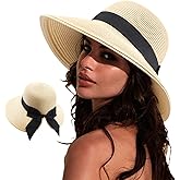 DRESHOW Sun Hats for Women Travel Fedora Foldable Beach Sun Hat Summer Wide Brim Straw Bucket Hat with Bowknot UPF 50+