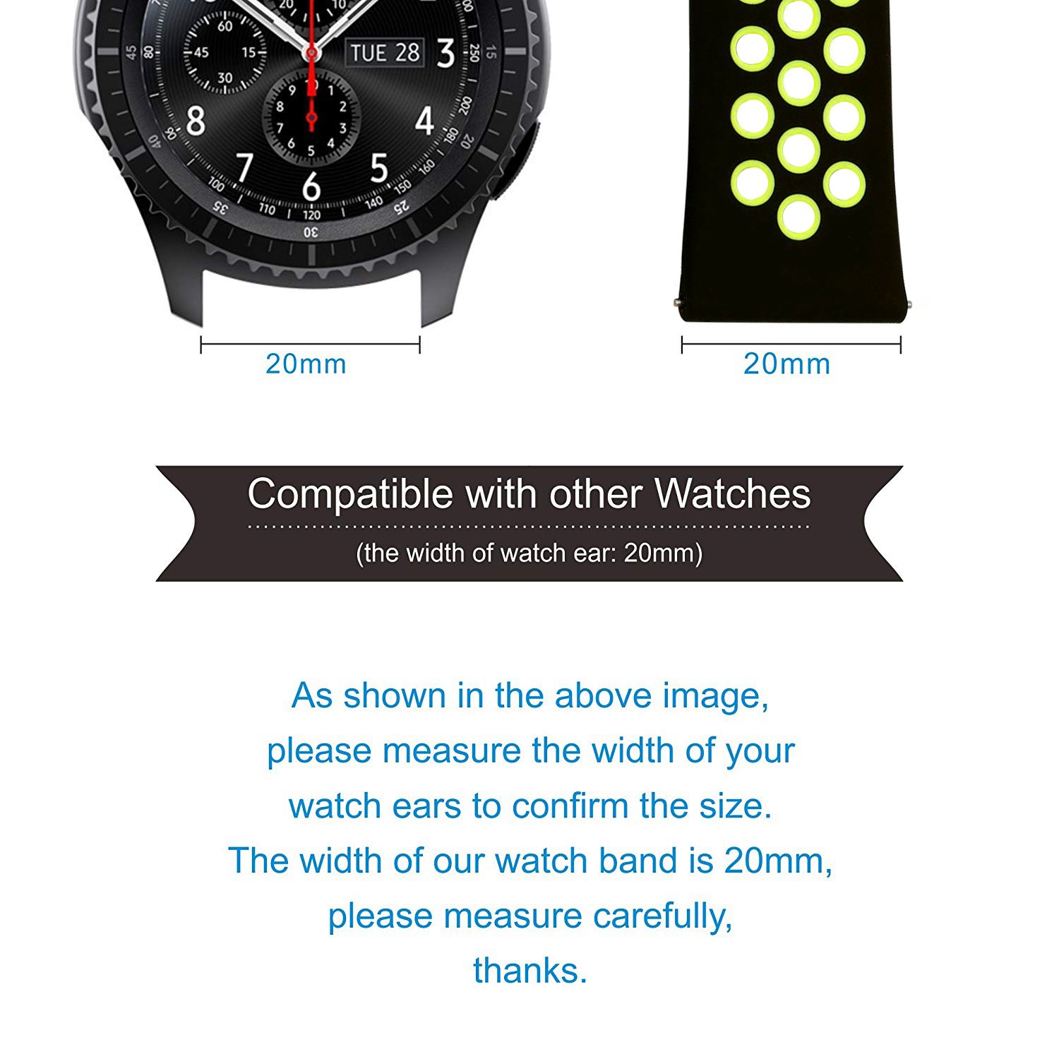 20mm Silicone Watch Band Quick Release Breathable, iBazal Silicone Replacement for Samsung Gear Sport/ Samsung Gear S2 Classic/ Huawei Watch 2 20mm/ Fossil Q Control Smart Watch 20mm(Black/Yellow)