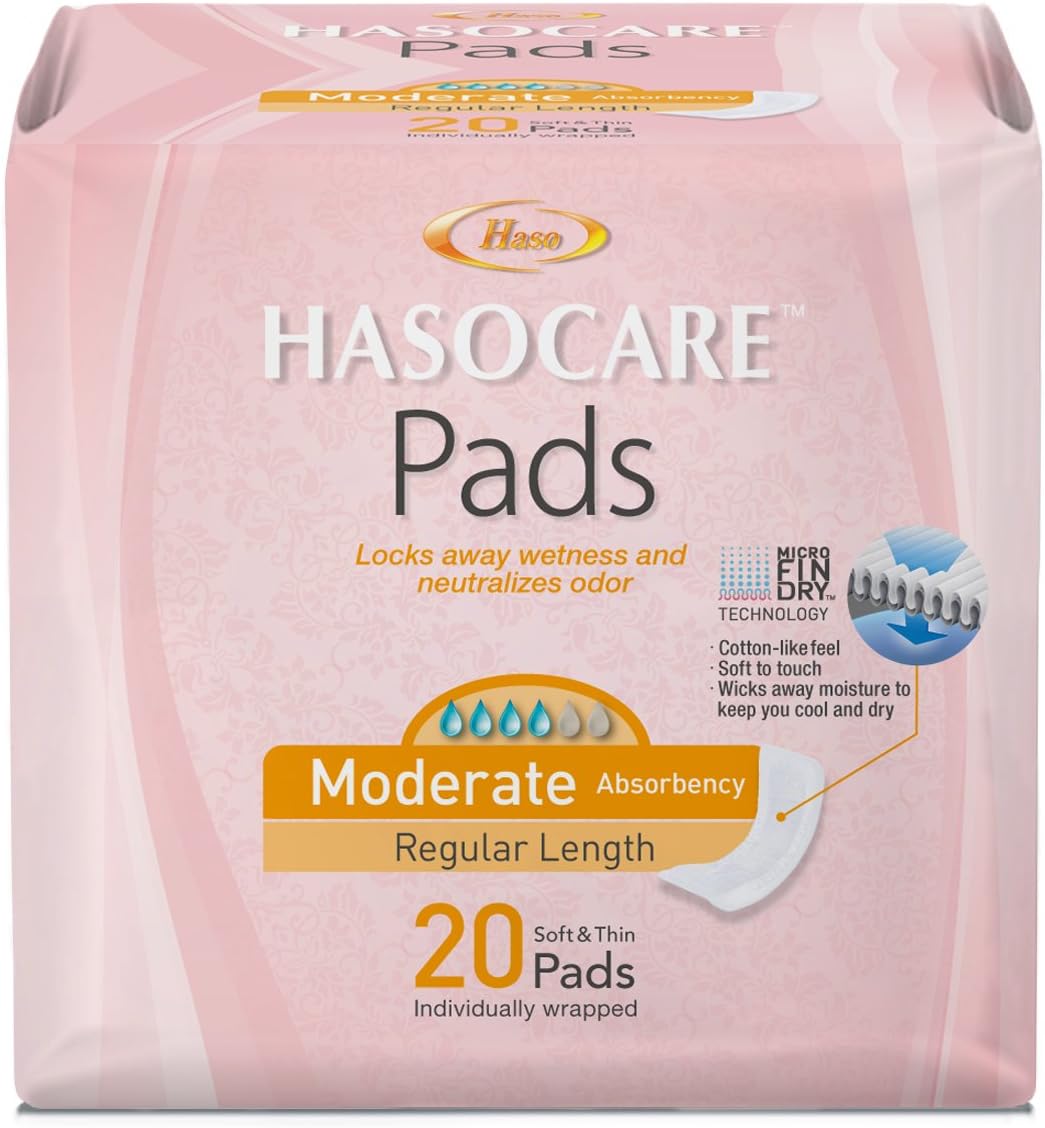 HASOCARE Incontinence Pads (Extra Wide, Ultra Thin) for Women, Moderate Absorbency, Regular Length, 20 Count