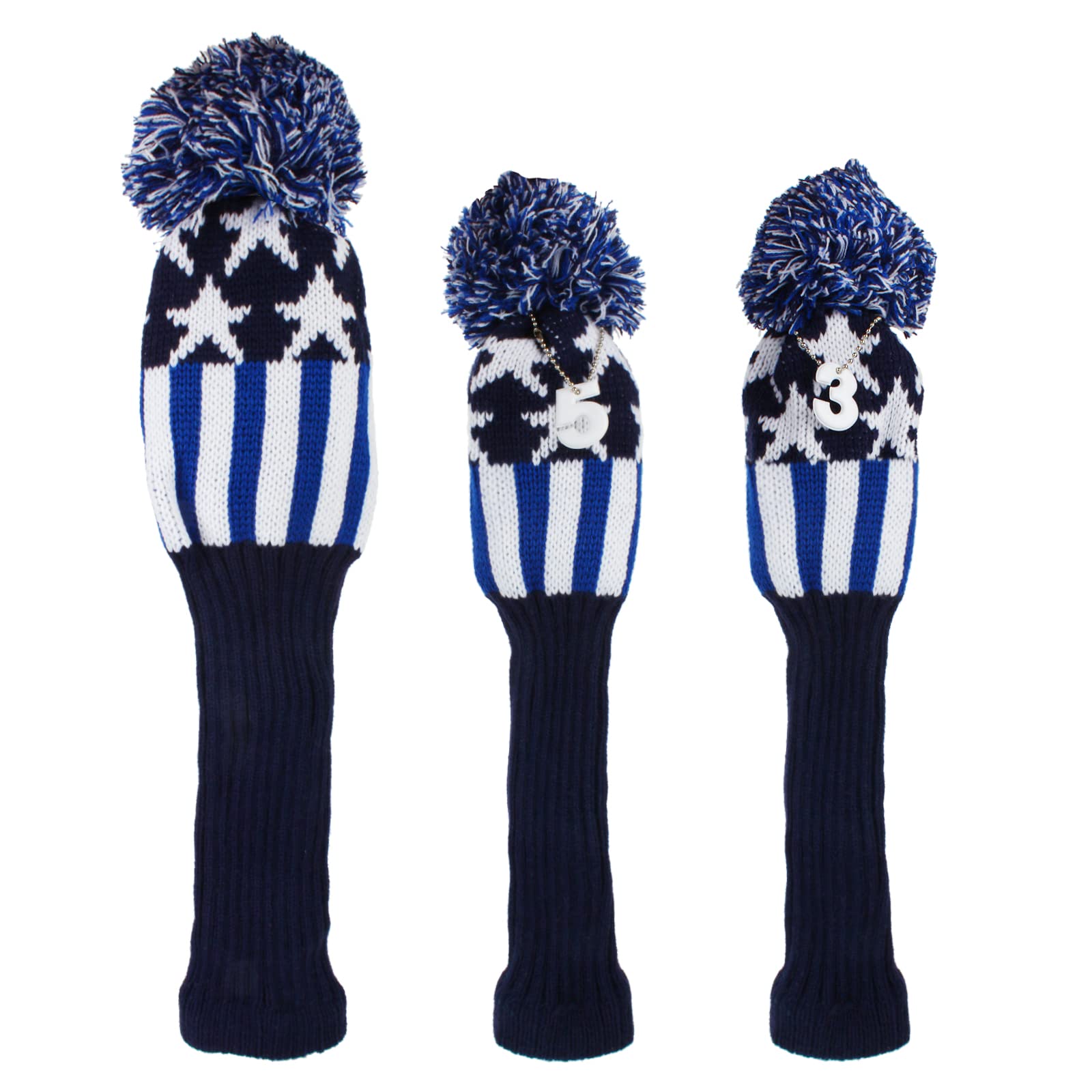 Andux 3Pcs/set Knit Pom Pom Golf 460cc Driver Fairway Wood Club Head Covers Blue Stripe MT/MG77