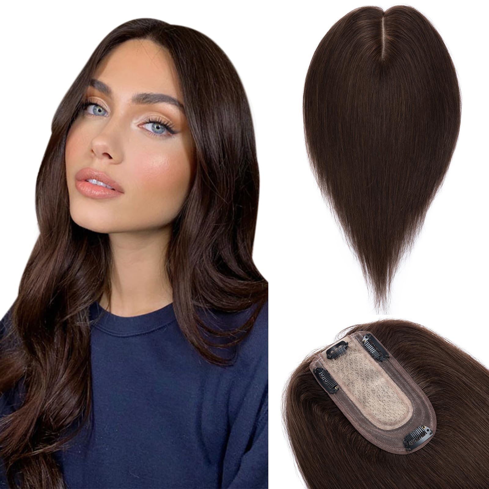 Photo 1 of Benehair Human Hair Toppers for Women 100% Remy Human Hair 150% Density No Bangs Hair Topper 7 * 13 CM Silk Base Clip in Hair Pieces for Women 8 Inch #2 Dark Brown