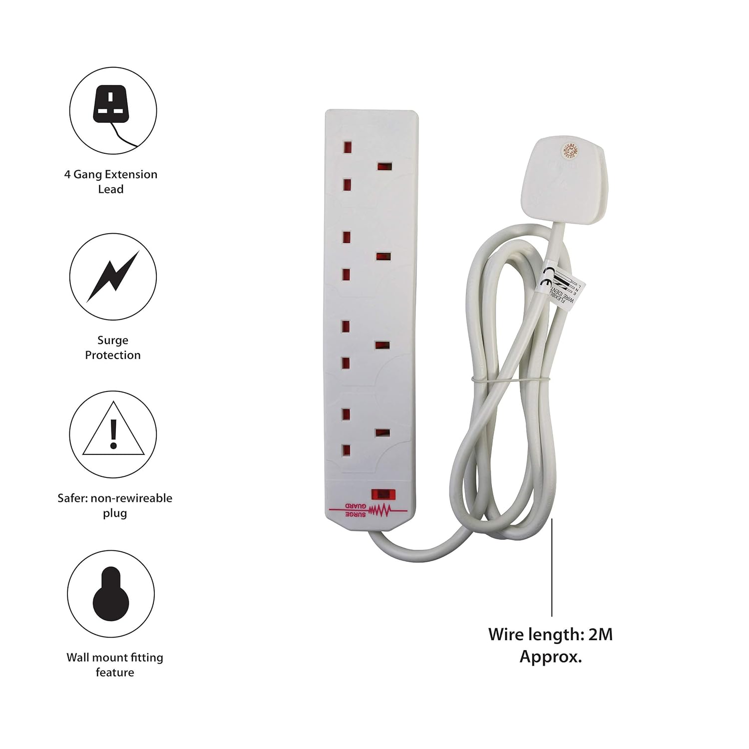Pifco 4 Way UK 3Pin Plug Surge Protected Extension Lead with 2 Metre