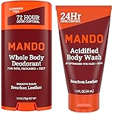 Mando Smooth Solid Stick (2.6 Ounce) + Acidified Body Wash (1.5 Ounce) - Clinically Proven to Block Odor All Day - Whole Body Safe For Pits, Packages + Feet (Bourbon Leather)