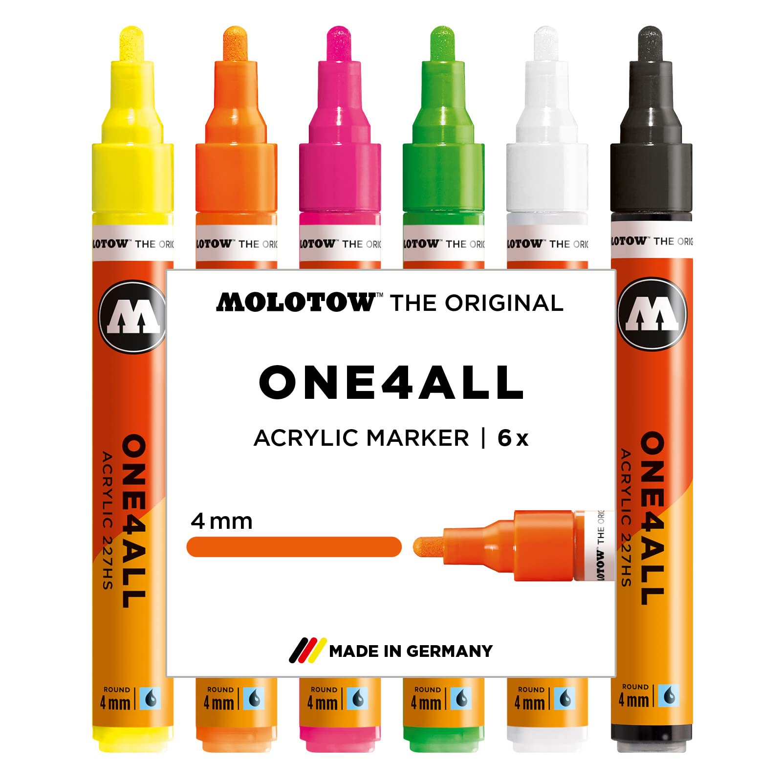 Molotow One4All 227HS Acrylic Pens, High Opacity and Permanent, UV-Resistant for Almost All Surfaces Neon case set. 6 Pieces Multicoloured