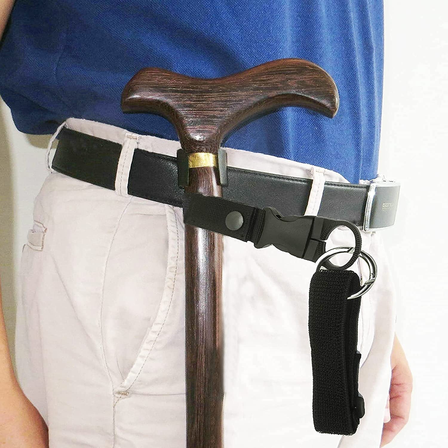Adjustable Elastic Wrist Straps and Hands Free Walking Stick Cane Clip Holder - Attach to Belt or Waist Band -（Suitable for 7/8~1"）~ Perfect Solution - for Camping & Hiking - No Cane
