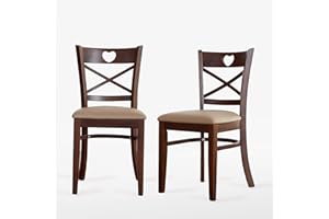 Livinia Heart X-Back Dining Chair Set of 2, Solid Malaysian Oak PU Leather Upholstered Cushion Seat Wooden Cross Back Side Chairs (Walnut)