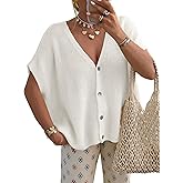 CFLHN Women's V Neck Short Sleeve Cardigan Sweater Tops Lightweight Button Loose Sweater Vest