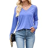 Quatrefox Women's Long Sleeve T-Shirt Lace V Neck Classic Fit Shirt Soft Breathable Casual Tee Basic Tops