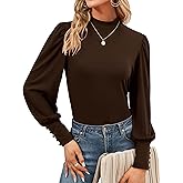 Qirno Womens Mock Neck Puff Long Sleeve Tops Casual Loose Solid Basic T Shirt Button Cuffs Pullovers Shirts Blouse