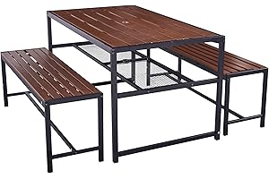 CHOOSILAY Outdoor Dining Set Picnic Table and Benches with 2" Umbrella Hole and Storage Shelf, Plywood Patio Dining Sets for 4-6 People, All-Weather Picnic Set for Garden Backyard Poolside - Brown