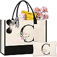 AYGE Personalized Initial Canvas Beach Bag Cosmetic Bags, Monogrammed Gifts for Women, Tote Bag, Makeup Bag, Birthday Gifts for Sister Mom Teacher Bridesmaid (C)