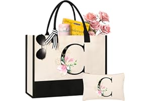 AYGE Personalized Initial Canvas Beach Tote, Monogrammed Gifts for Women, Makeup Bag, Birthday Gifts for Sister, Mom, Teacher, Bridesmaid (C)