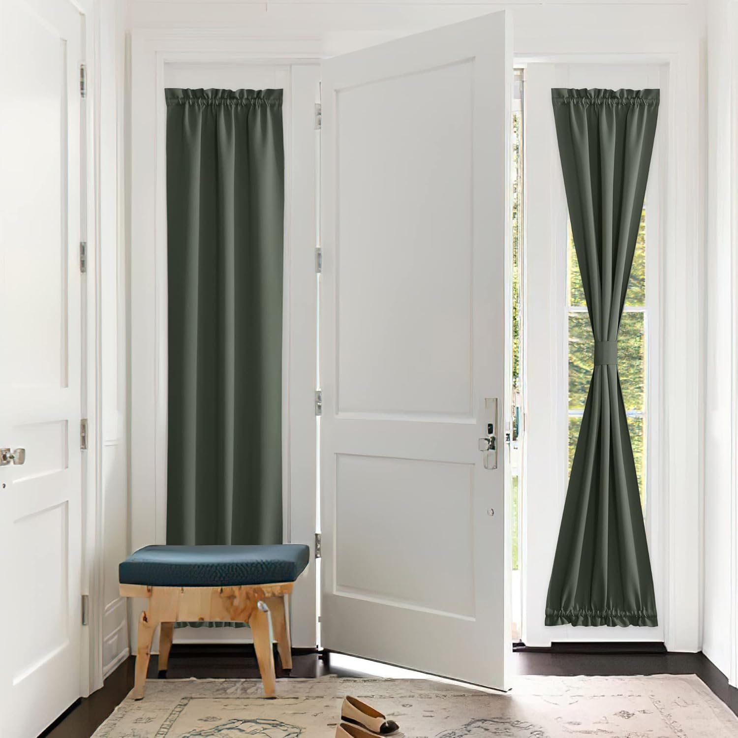 Outdoor Curtains - PONY DANCE Sidelight Door Curtains - Thermal Insulated Blackout Front Door Window Curtains for French Door Small Shade for Side Door Patio Glass Door, Greyish Green, W25 x L66 inch, 1 Panel