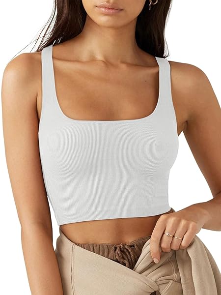 LASLULU WOMEN SUMMER SEXY SLEEVELESS SQUARE NECK FITTED KNIT RIBBED CROPPED TANK TOPS CUTE WORKOUT YOGA GYM CROP TOPS(WHITE MEDIUM)
