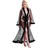 ohyeahlady Women Feather Fur Robe Sheer Mesh Bridal Dressing Gown Sexy Lingerie Nightgown Bathrobe Sleepwear XS-4XL